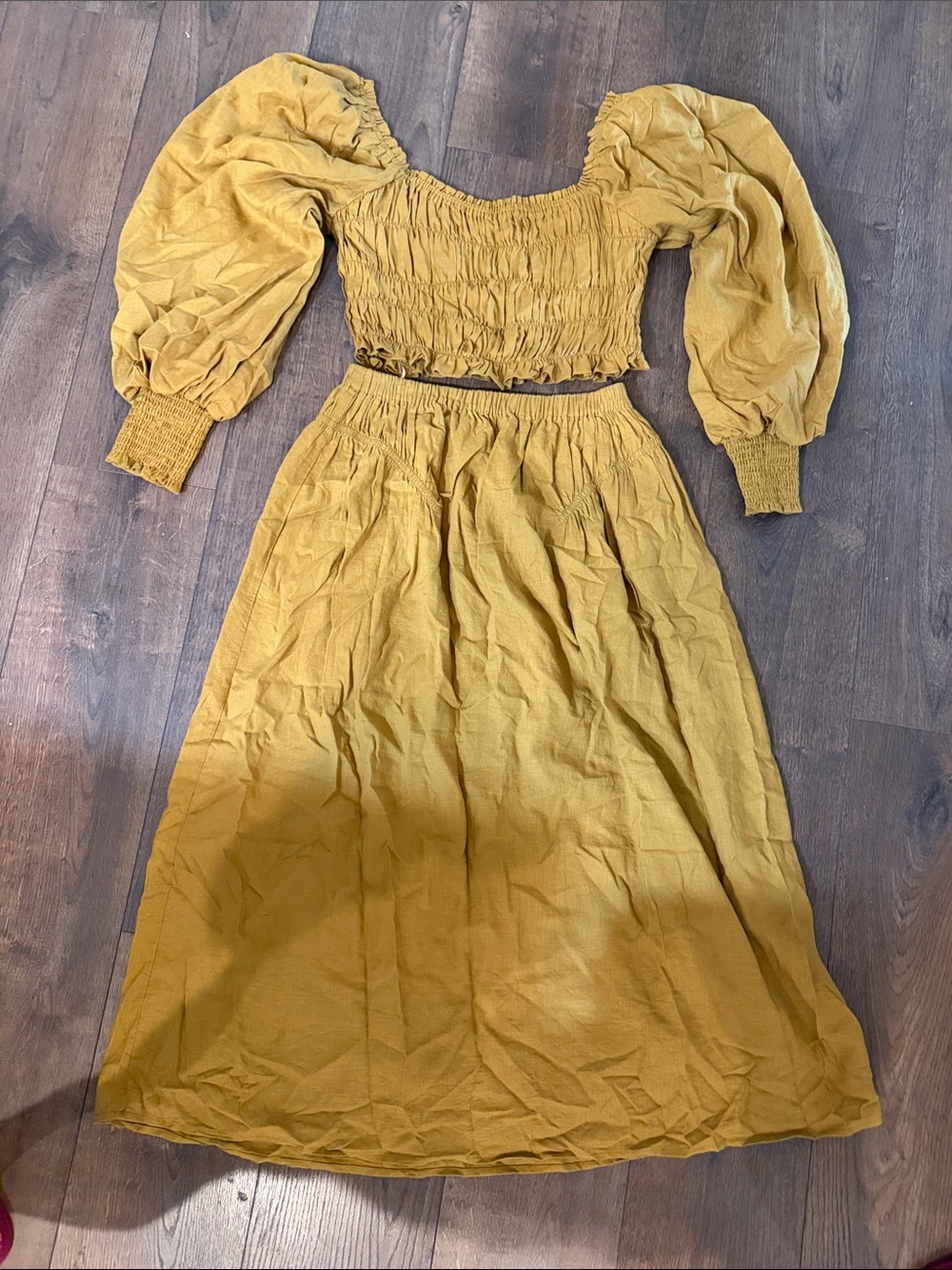 A Loves A Straw Ruched Puff Long Sleeve Cropped Blouse and Skirt - Size M